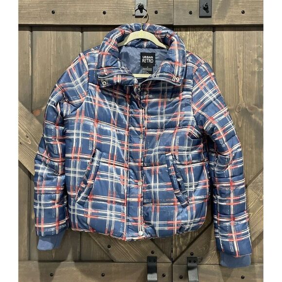 Urban Retro‎ Puffer Jacket Blue and Pink Checkered Light Weight Women's Size M - Picture 1 of 8